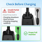 WenStorm NEMA 14-30P adapter safety guide showing proper full insertion to prevent loose fit, heat increase, and charging interruptions