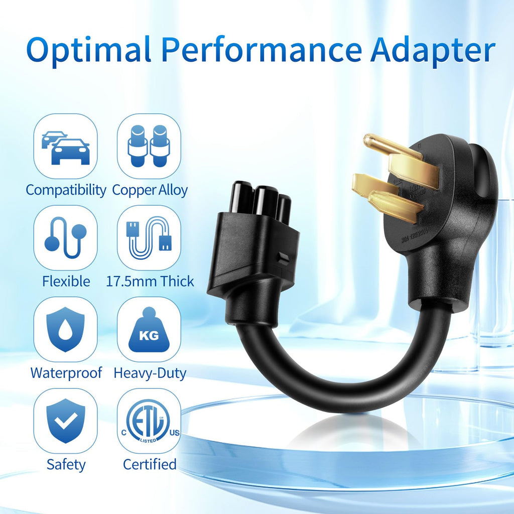 WenStorm NEMA 14-30P adapter for Tesla Gen 2 Mobile Connector with copper alloy pins, flexible cable, waterproof build, and ETL certification
