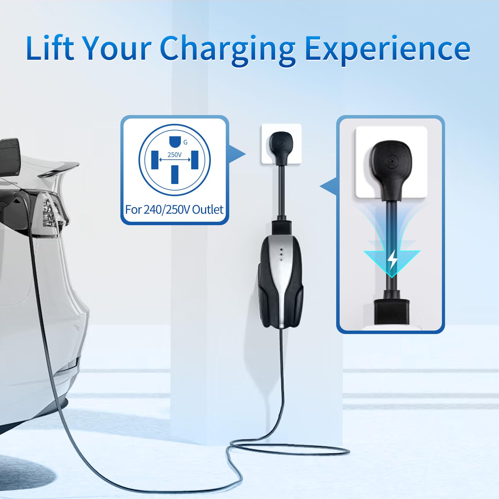 WenStorm NEMA 14-50P adapter connecting Tesla Gen 2 Mobile Connector to a 240V outlet for Level 2 home EV charging