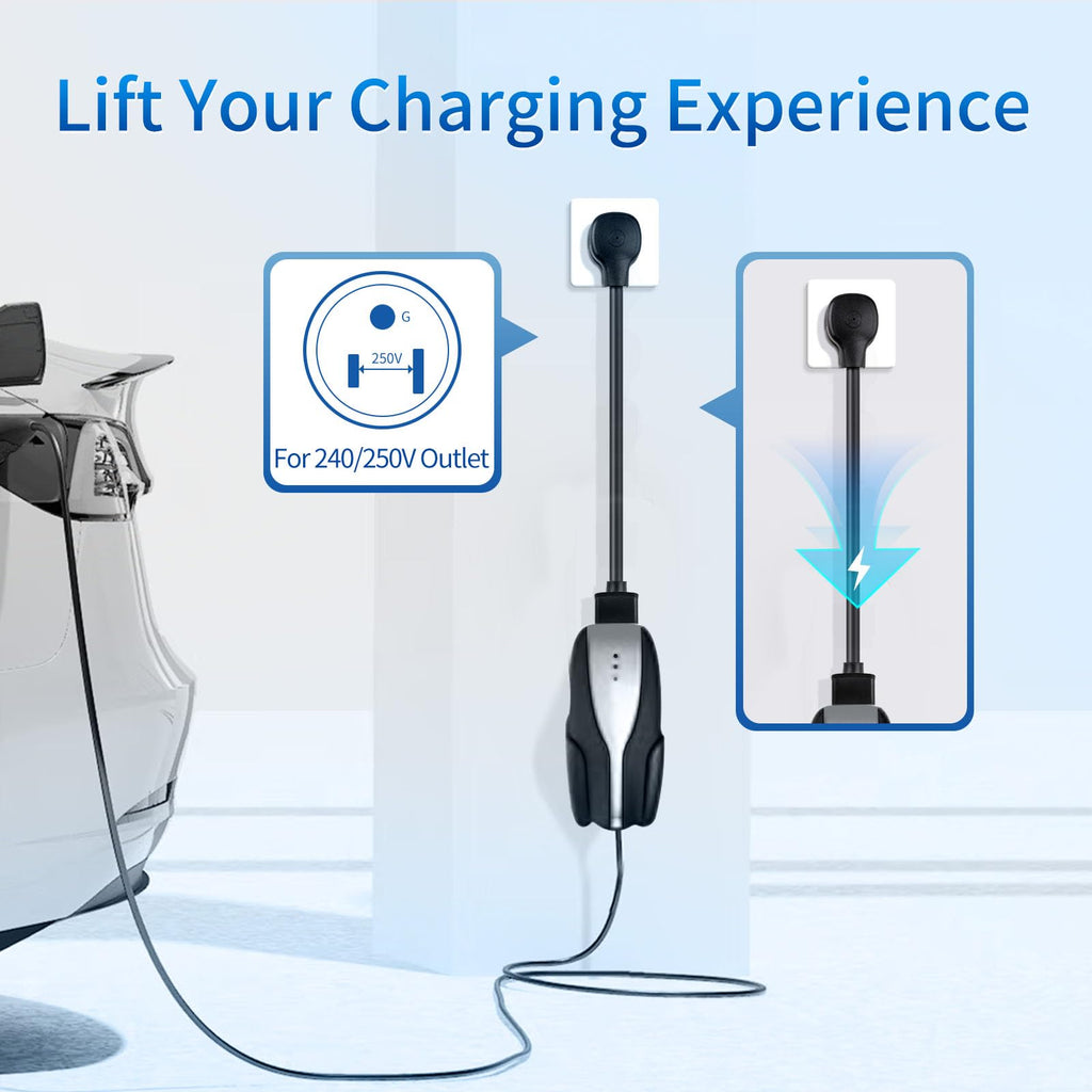 WenStorm NEMA 6-50P adapter connecting Tesla Gen 2 Mobile Connector to a 240V outlet for Level 2 EV charging