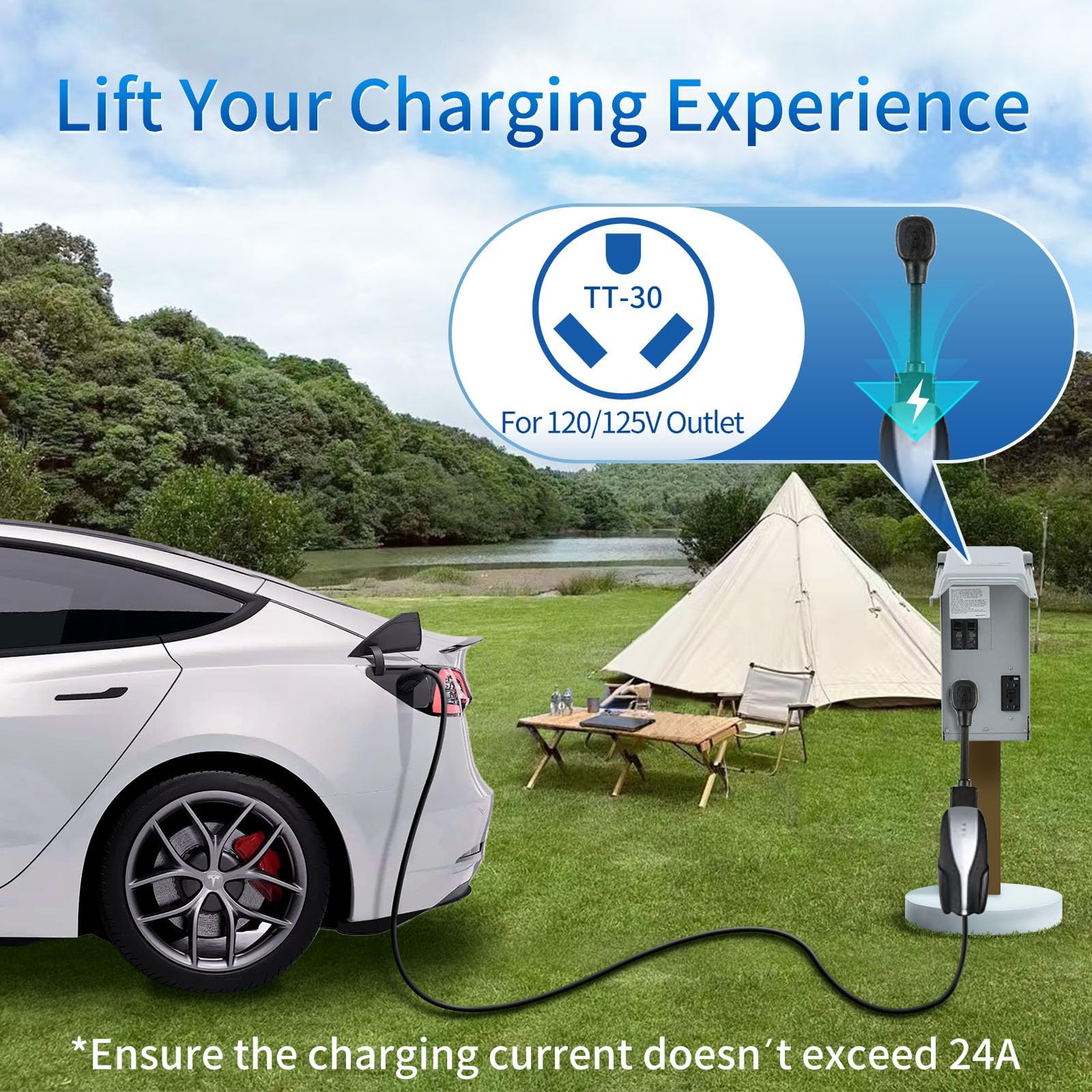 WenStorm NEMA TT-30P adapter connecting Tesla Gen 2 Mobile Connector to a 120V RV outlet for travel EV charging