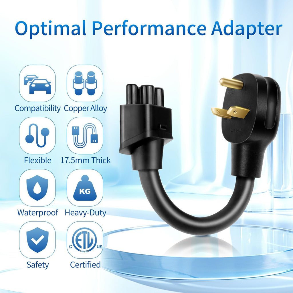 WenStorm NEMA TT-30P adapter for Tesla Gen 2 Mobile Connector with copper alloy pins, flexible cable, waterproof build, and ETL certification