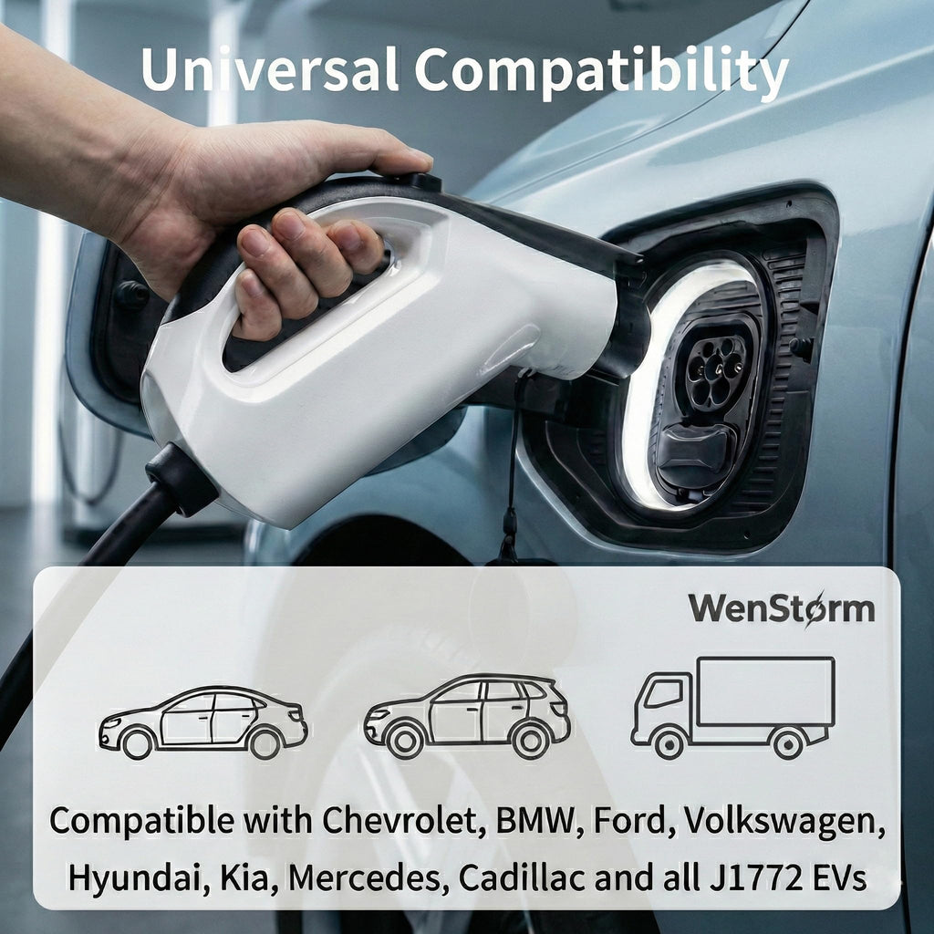 WenStorm portable EV charger available for J1772 and NACS electric vehicles with Level 1 household outlet charging support