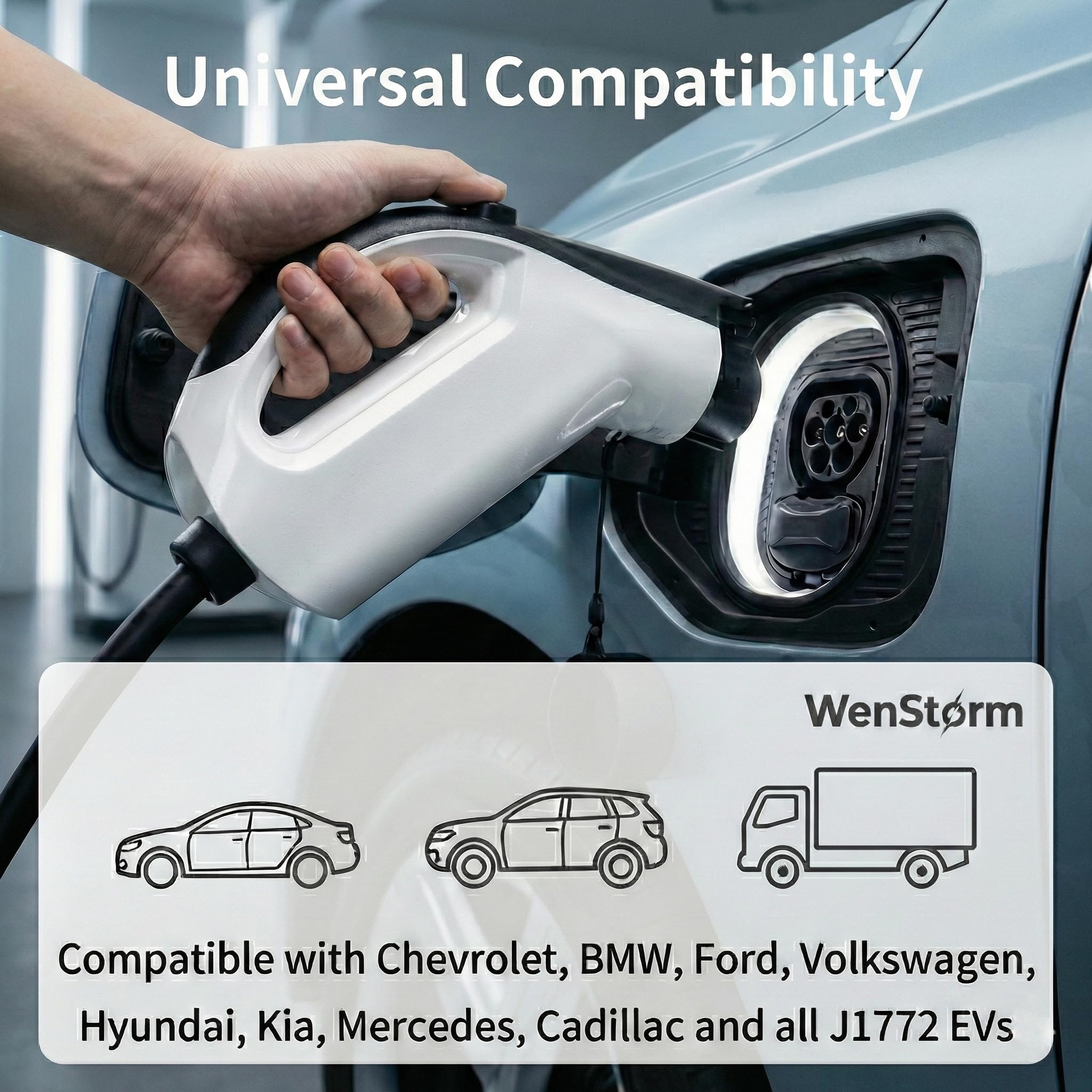 WenStorm portable EV charger available for J1772 and NACS electric vehicles with Level 1 household outlet charging support