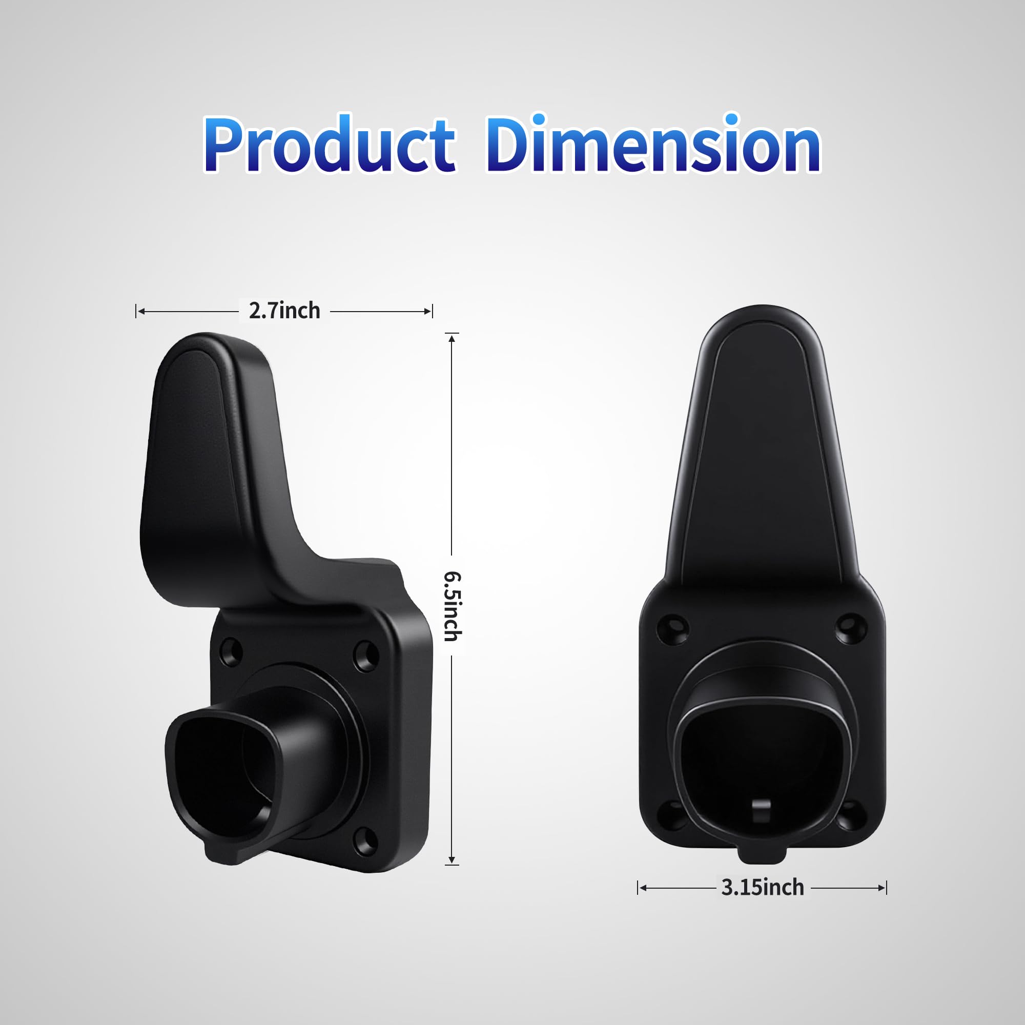 WenStorm Tesla NACS EV charger holder back dimensions showing 2.7 inch hook width, 6.5 inch height, and 3.15 inch base