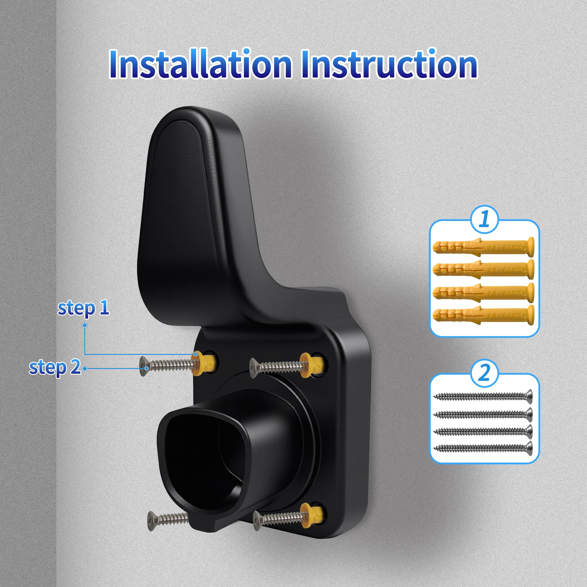 WenStorm Tesla NACS EV charger holder installation instructions with screws and wall anchors for wall mounting