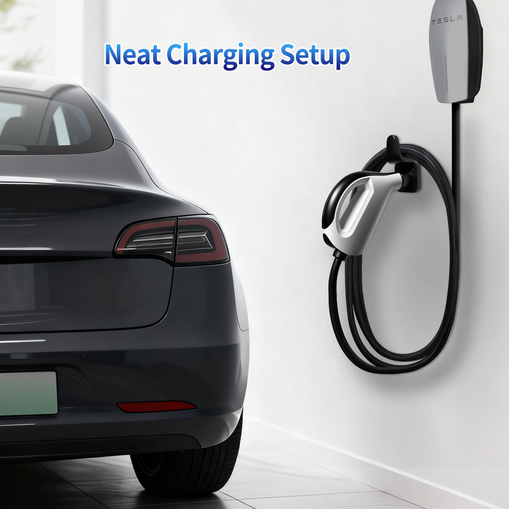 WenStorm Tesla NACS EV charger holder wall mount organizing Tesla charging cable beside a home charger