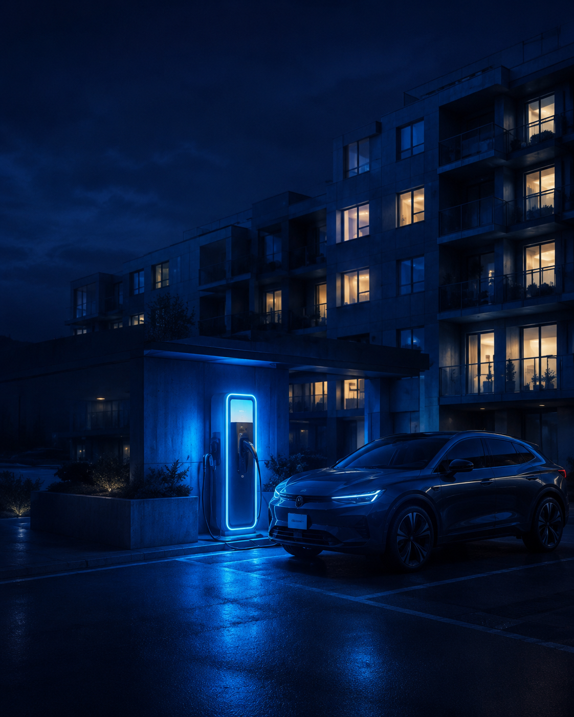 Apartment EV charging at night
