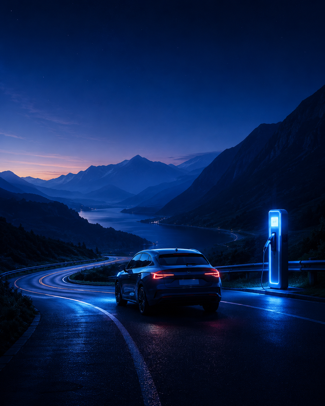 EV charging on a mountain road at night